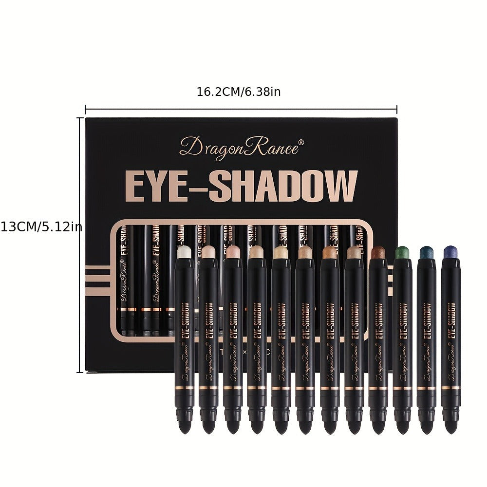 Eyeshadow Stick Set 12 Pcs — Double-Ended Shimmer Eye Shadow Pencil with Brush, Waterproof Long-Lasting Glitter Eye Makeup Kit, Squalane-Infused, Perfect Mother's Day & Stage Makeup Gift