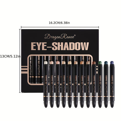Eyeshadow Stick Set 12 Pcs — Double-Ended Shimmer Eye Shadow Pencil with Brush, Waterproof Long-Lasting Glitter Eye Makeup Kit, Squalane-Infused, Perfect Mother's Day & Stage Makeup Gift