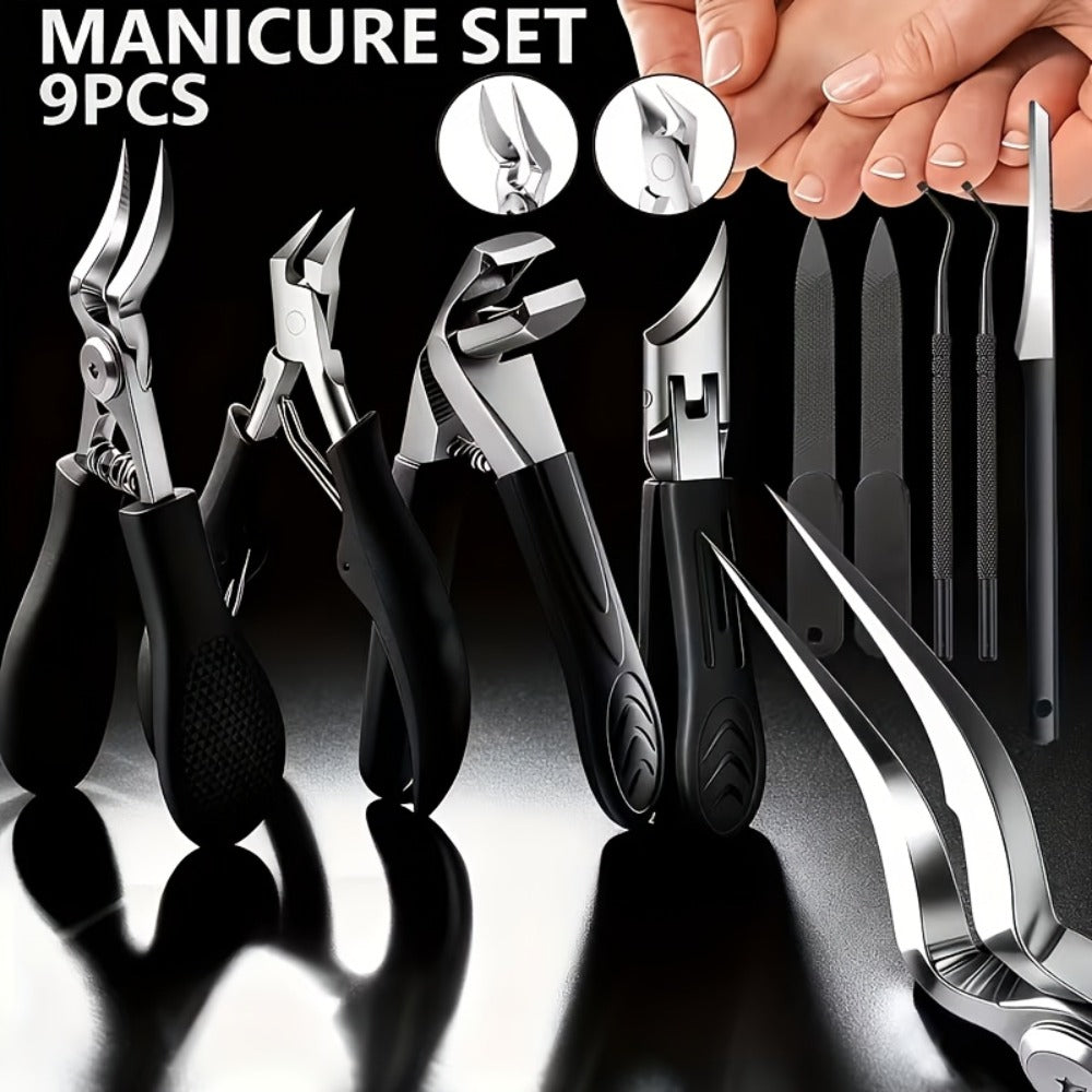 9pcs Stainless Steel Nail Care Set | Suitable for Ingrown and Thick Nails - Heavy-duty Scissors Set with Nail File, Foot File, Cuticle Forceps, and Beauty Tools - Modern Design, Essential for Men, Women, Seniors, Halloween Gifts