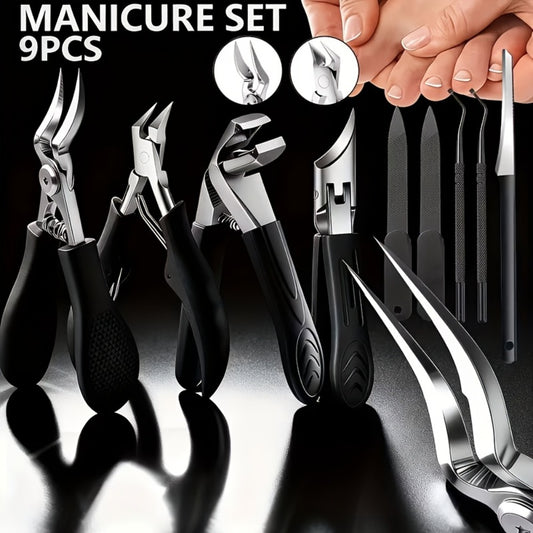 Nail Care Kit 9 Piece Stainless Steel Manicure Pedicure Set for Ingrown & Thick Toenails, Professional Nail Clippers with Nail File Foot File Cuticle Scissors & Forceps for Men Women Seniors