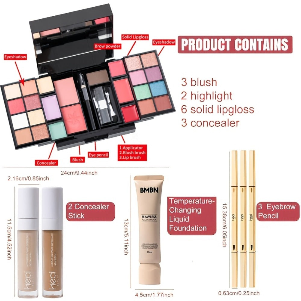 Makeup Kit Gift Box Silvery Multi-Functional Set with Mirror, Lipstick, Eyeshadow & Blush - Portable Long-Lasting Cosmetic Kit for Beginners & Teens, Multiple Shades, Perfect Gift for Women