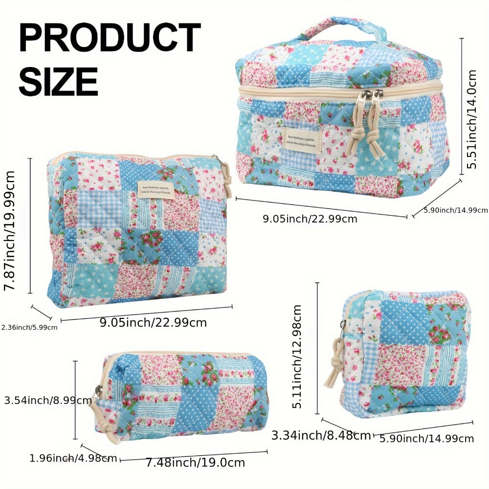 Cute Makeup Bag for Women (4 Pcs), Travel Cosmetic Bags, Quilted Coquette Aesthetic Floral Toiletry Organizer Bag
