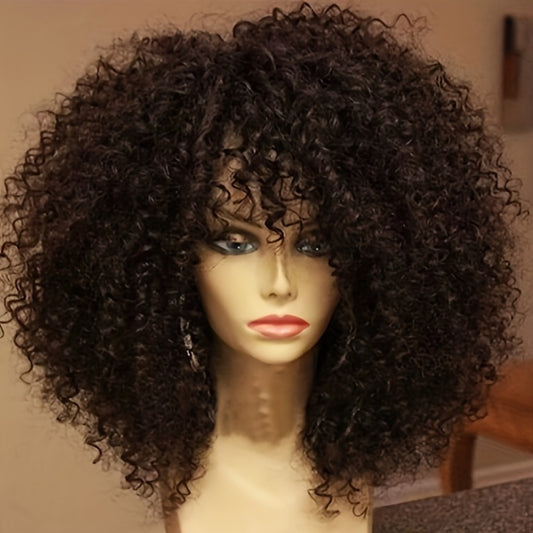 Elegant Afro Kinky Curly Wig with Bangs for Women - 14" Short, Heat Resistant Synthetic Hair for Daily Wear & Cosplay,, Halloween Party, Christmas