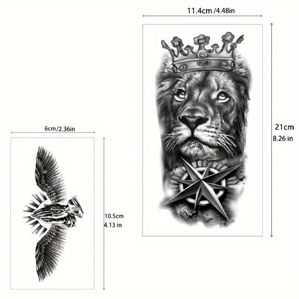 32pcs 3D Animal Realistic Temporary Tattoos, Half Sleeve For Men And Women, Big Tribal Wolf Lion Tiger Fake Tattoo Stickers, Adult Forearm, Skull Flower Rose Tattoo