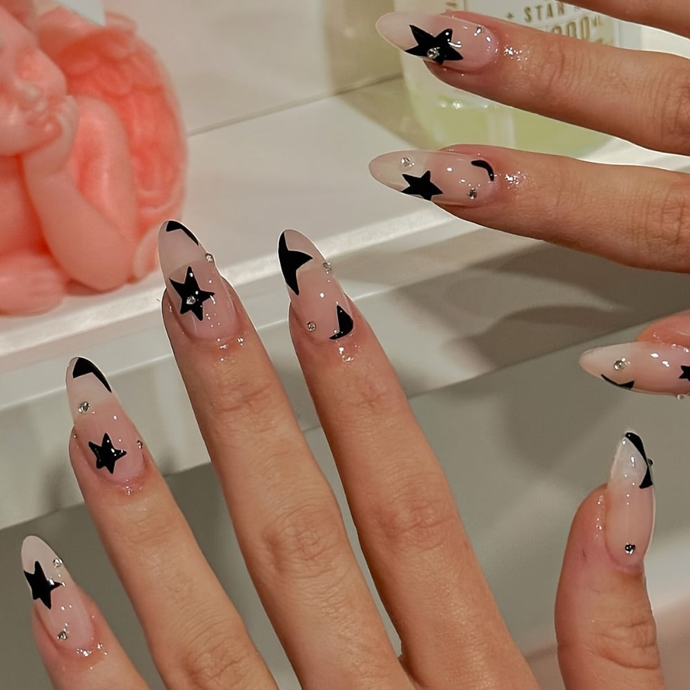 144pcs Pink Press On Nails Short Almond - Flower Small Flowers Fake Nails Rhinestone Press Ons Black French Nail Tip Glue On Nails with Cute Design Full Cover False Nails Stick On Nail Acrylic Nail Art Kit