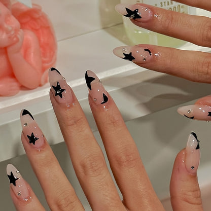 Press On Nails 144pcs Short Almond - Pink Flower Rhinestone Black French Fake Nails with Glue Full Cover False Nails Cute Design Glue On Nails Acrylic Nail Art Kit for Women Girls