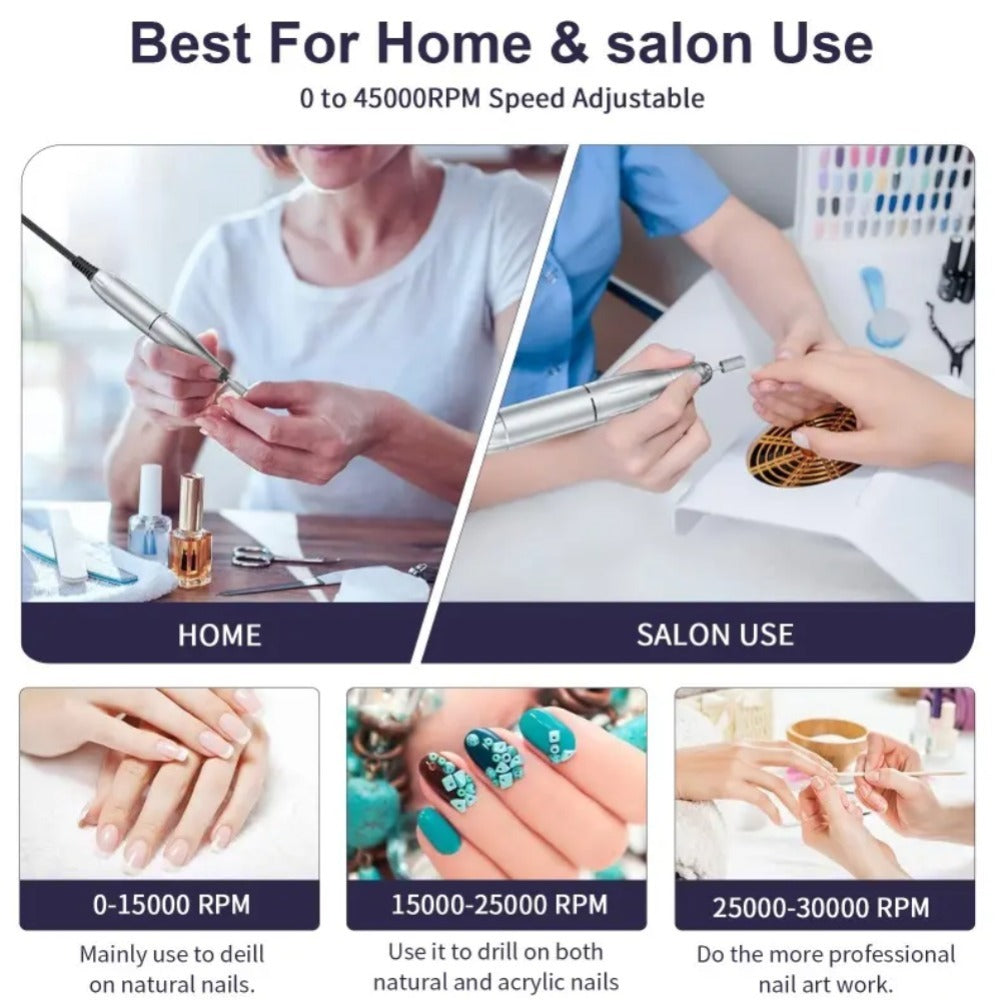 45000 RPM Adjustable Speed Nail Drill Professional Cordless Electric Nail File Low-noise Nail Manicure Machine for Women Buffing And Polishing Nail Tool Set with LCD Display for Nail Salon for Nail Care(Pink Purple White)