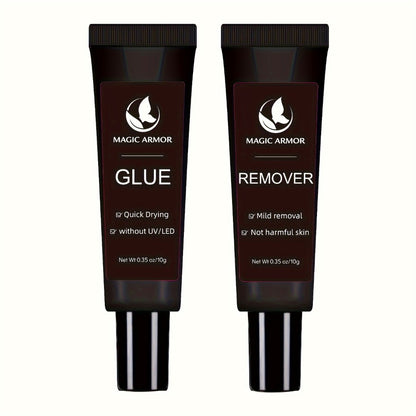 Nail Glue with Remover Kit Super Strong Press On Nail Adhesive 10g for Acrylic False Nails Clear Drying Long Lasting Hold Nail Glue and Remover Set for Nail Art