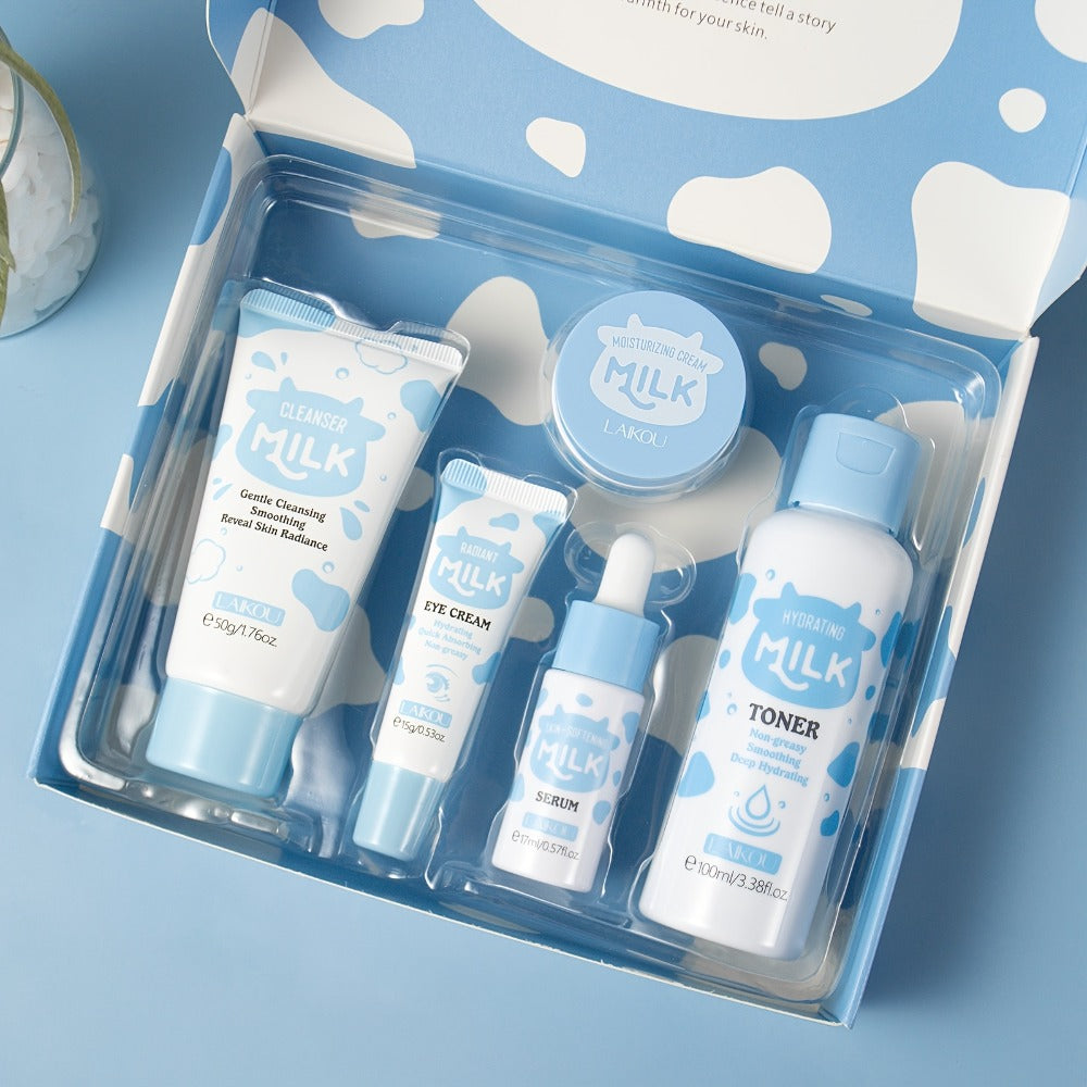 A Skincare Set That Nourishes Your Skin with Milk, Featuring Five Pieces Enriched with Milk Extract, Niacinamide, Alpha-Arbutin, And Vitamin E, Ideal for Dry to Normal Skin. A Perfect Gift for Occasions Like Valentine'S Day, Mother'S Day