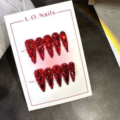 Water Drop Press On Nails 10pcs Long 1.3 Inch Y2K Big Red Glass Glitter Luxury Lonnailssy Handmade Reusable Salon Quality Spring Summer Wedding Party Gift Fake Nails S M L Sizes
