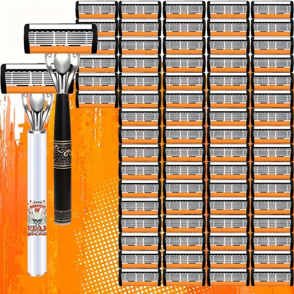 Men's Razor 72 Blades 2 Non-Slip Handles Painless Shaving Kit - Progressive Classic Style Safety Razor Set Ideal Gift for Men Birthday Father's Day