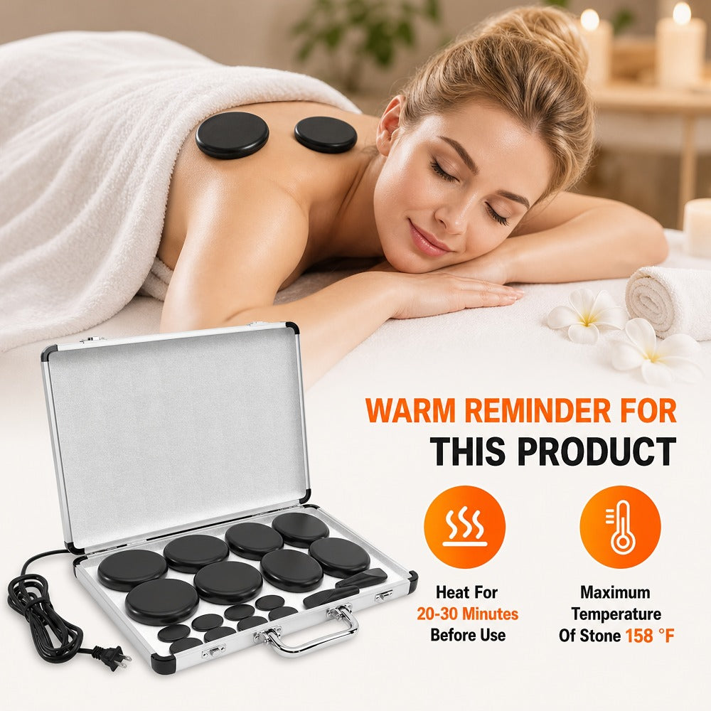 18pcs Hot Stones for Massage with Warmer, Massage Stones with Heater Kit for 4 Sizes, Hot Stone Massage for Professional Or Home Spa Warming Relaxing