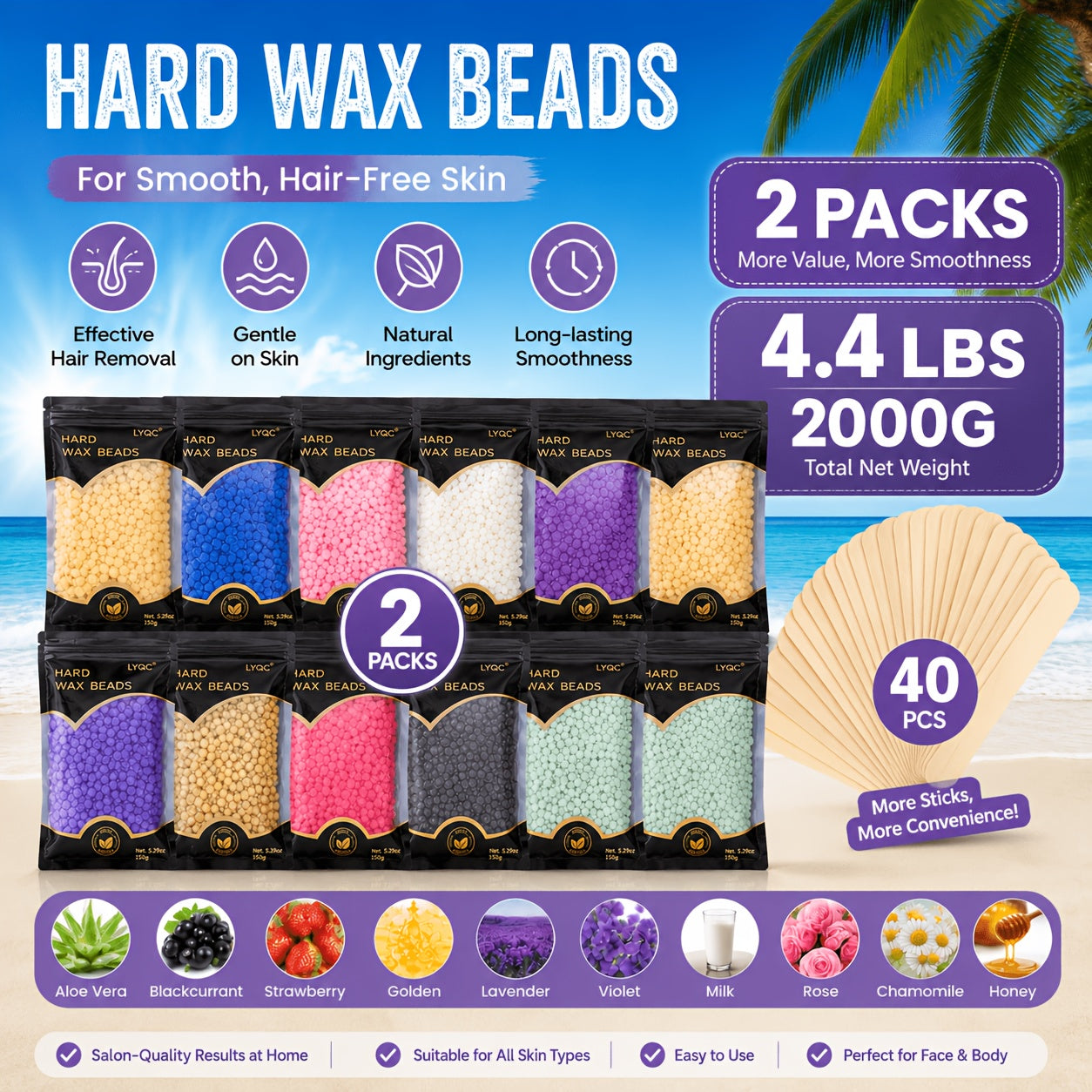 Hard Wax Beads for Hair Removal — Professional Full Body Waxing Kit with 20 Applicator Sticks, Low Melting Point Formula for Sensitive Skin, Beginner-Friendly Unisex Depilatory Wax (1000g / 2000g)