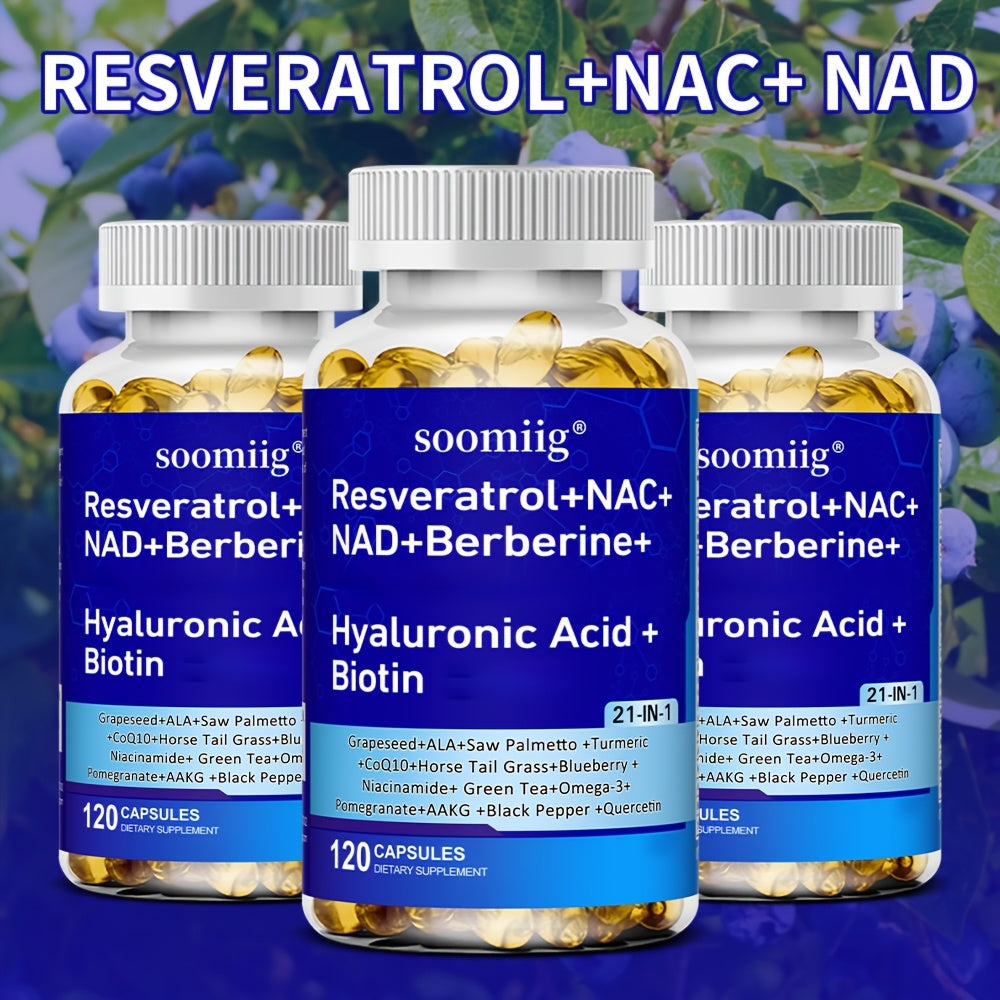 Resveratrol Supplement with NAC NAD Collagen Peptides Hyaluronic Acid – Supports Mood, Hair, Nail & Eye Health | 120 Capsules with Saw Palmetto CoQ10 Quercetin Omega-3 Thiamine Black Pepper