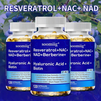Resveratrol Supplement with NAC NAD Collagen Peptides Hyaluronic Acid – Supports Mood, Hair, Nail & Eye Health | 120 Capsules with Saw Palmetto CoQ10 Quercetin Omega-3 Thiamine Black Pepper