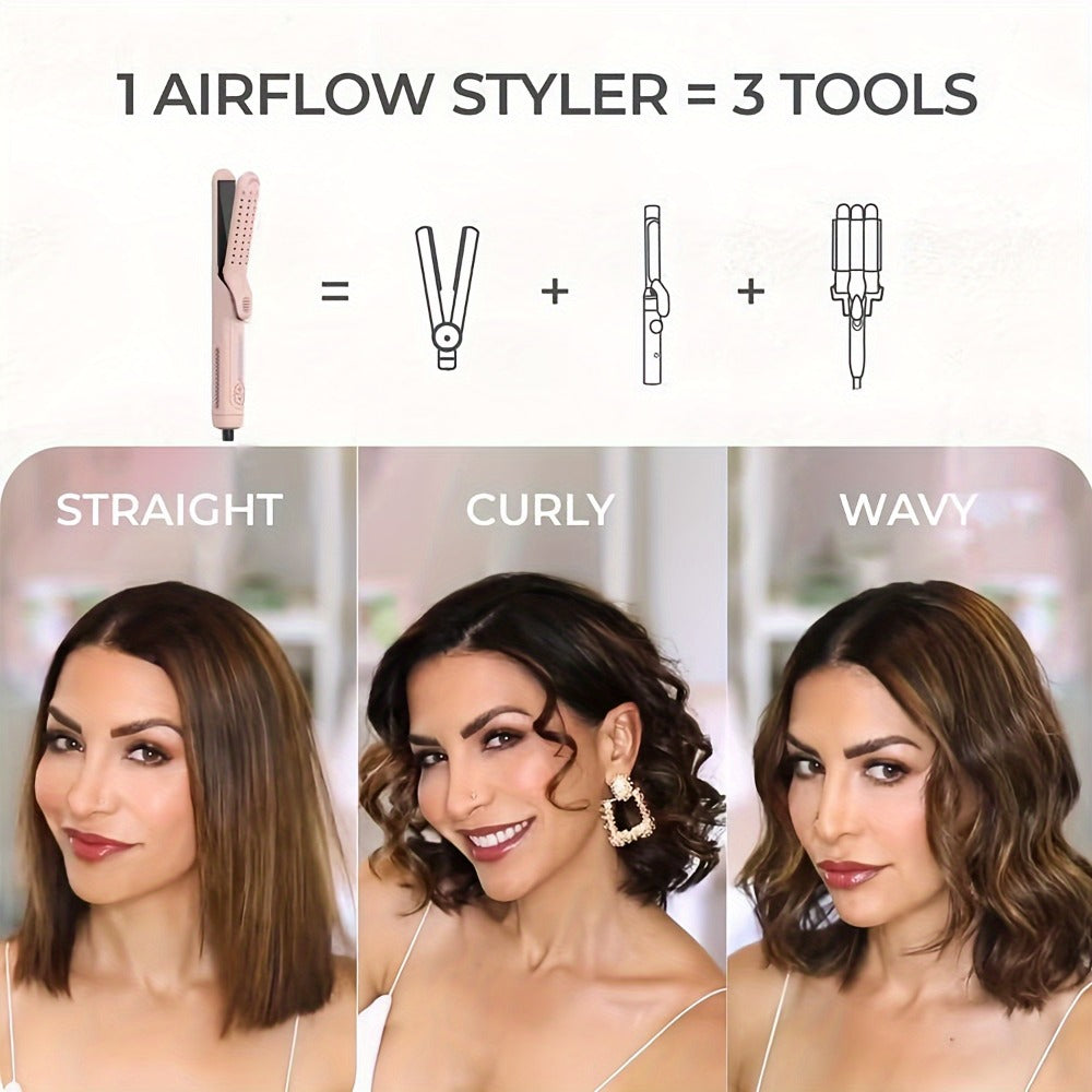 2-In-1 Airflow Curling Iron for Lasting Curls - 360° Airflow Styler Ceramic Flat Iron Hair Straightener And Curler, Anti-Scald Curling Wand, 360° Cool Air, 5 Temps Adjustable for Long Short Hair