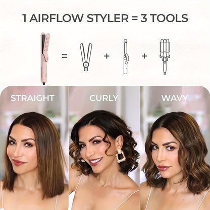 2-in-1 Airflow Curling Iron 360° Ceramic – Hair Straightener & Curler Anti-Scald Wand with 5 Temps Cool Air Styler for Long & Short Hair – Pink, Black