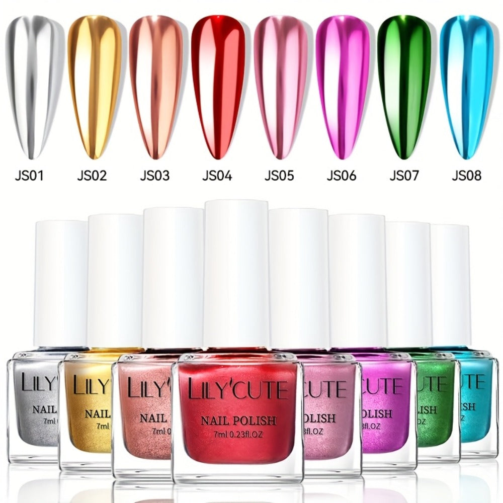LILYCUTE 0.24oz 8pcs Super Bright Metallic for Nail Polish No Need Lamp Quick Dry French Style Glass Bottle Regular for Nail Polish for Nail Art