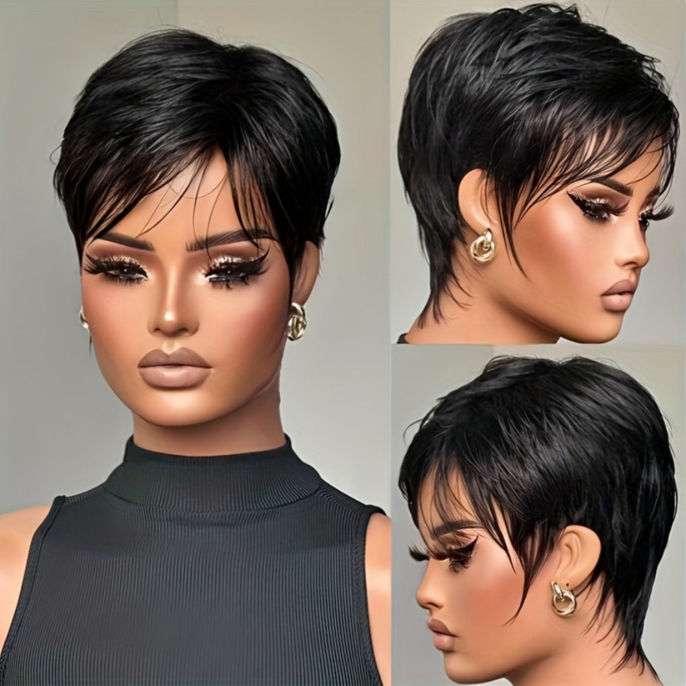 Remy Human Hair Pixie Cut Wig with Bangs — Brazilian 6 Inch Short Layered, 150% Density Glueless Rose Net Cap, Natural Black, African Hair Compatible, Women & Men Daily Wear