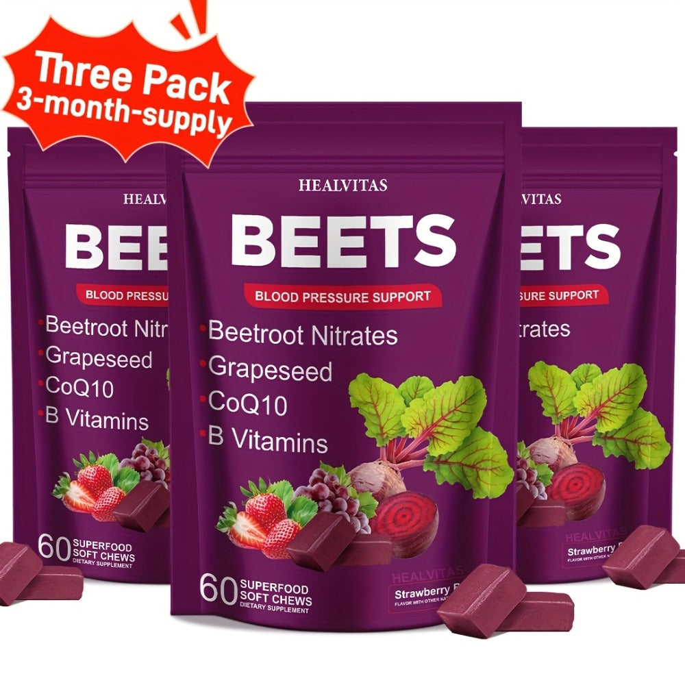 Super Beets All-in-One Beet Root Gummies & Chews - Beet Powder with Vitamins B12/B6, CoQ10 & Grapeseed - Heart Health Support, Blood Pressure Health Supplement, Blood Flow Booster - Chewable Vitamins for Blood Pressure Support 1pc/2pcs/3pcs