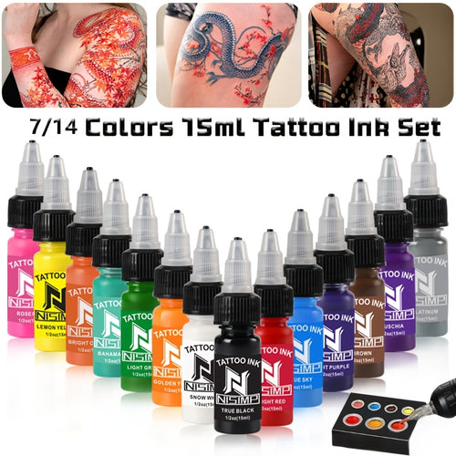 Tattoo Ink Set Professional Pre-Dispersed NISIMP 7 & 14 Colors Vibrant Pigment Density Skin-Friendly Tattoo Ink for Outlining Shading Body Painting Beginners Hobbyists & Expert Tattoo Artists