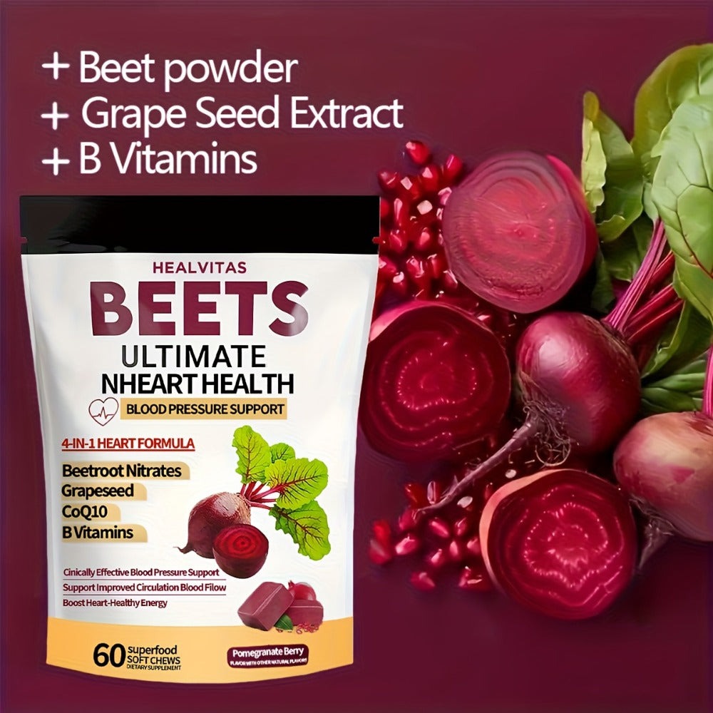 4 In 1 Super Beetroot Gummies Contains Coenzyme Q10, Beetroot Powder, Multi-Vitamins, Supports Healthy Blood Pressure, Heart Health, 60 Soft Chewable Gummies, Pomegranate Fruit Flavor - 30 Day Supply, Best Gift For Family And Friends!