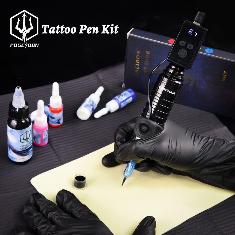 POSEIDON Wireless Tattoo Gun Set, Rotary Tattoo Pen, 1200Mah Battery Featuring Ring Switch, 10 Cartridge Needles, 6 Inks, All-In-One Cordless Tattoo Machine Kit for Beginners And Artists, Tattoo Supplies, New Year Discount Holiday Present