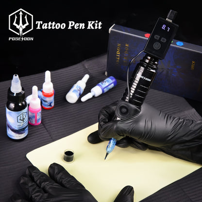 Wireless Tattoo Machine Kit for Beginners & Artists – POSEIDON Rotary Tattoo Pen 1200mAh Battery with 10 Cartridge Needles 6 Inks Practice Skin & Complete Tattoo Supplies Set