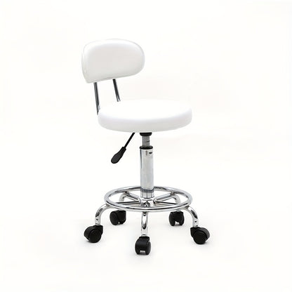 PU Leather Salon Stool with Back & 360° Swivel – Adjustable Height 18.9"-22.8", Round Cushion Chrome Base, White Salon Chair for Nail Tech & Beauty Studio