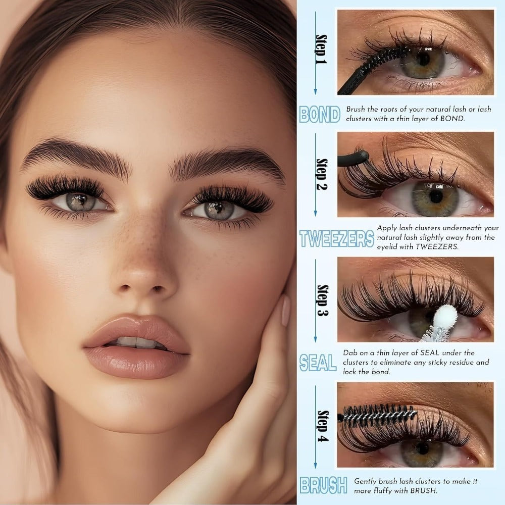 Lash Clusters Kit 720pcs Clusters Lash Extension Kit 30D-100D Eyelash Extensions Kits C Curl Individual Wispy Lashes Cluster Natural Eye Lash Trays With Glue&Tweezers For Beginners