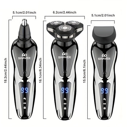 Electric Shaver for Men 3D Floating Blade 3-in-1 Beard Trimmer Digital Display USB Rechargeable Portable Grooming Kit Standalone 3-in-1 or 4-in-1 Set