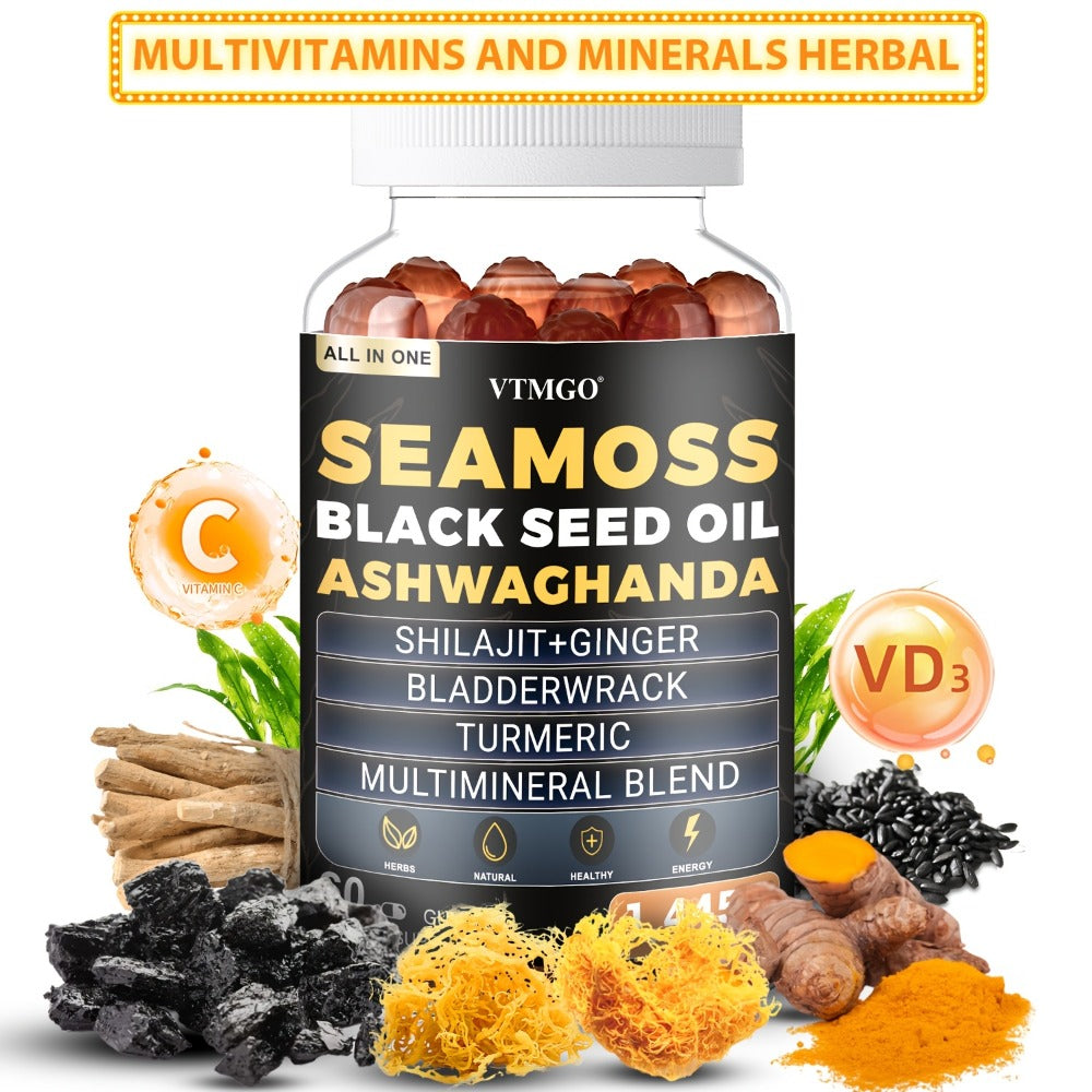 (1/2/3 Bottles)-Sea Moss&Shilajit, Black Seed Oil, Ashwagandha, Ginger, Gummies With Elderberry, Chlorophyll, Turmeric, Bladderwrack 1445Mg, Health, Natural, Antioxidant, Happiness, . 60 Gummies