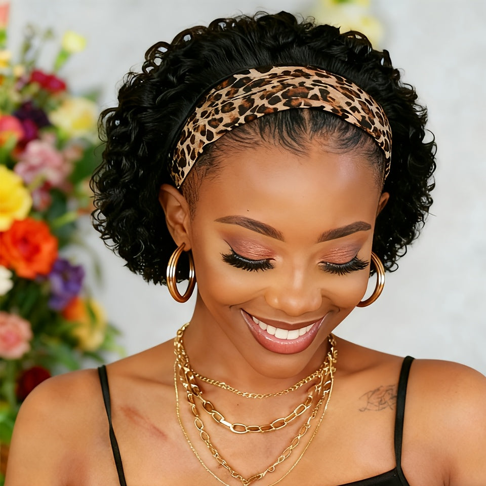 Brazilian Human Hair Wig Suitable for Skin Tones - 150% Density Kinky Curly Headband Wig with Natural Short Curly Hair, No Glue/Gel Application, Instant Volume for Beginners, for for Cosplay, Halloween & Daily Wear