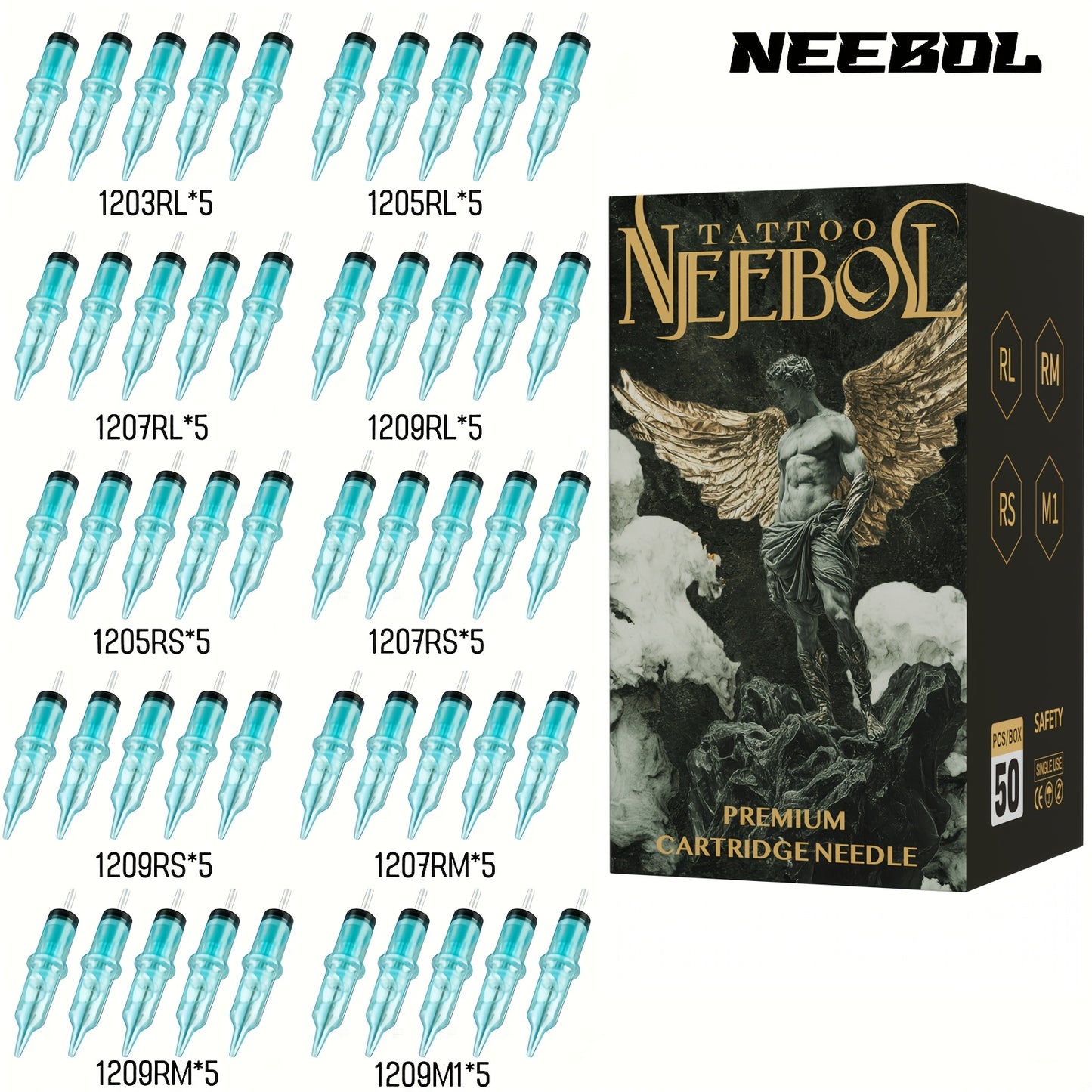 Tattoo Cartridge Needles Mixed Sizes 50pcs — Round Liner Shader Magnum Disposable Sterilized Safety Needles for Tattoo Machine Pen Professional Body Art Supplies