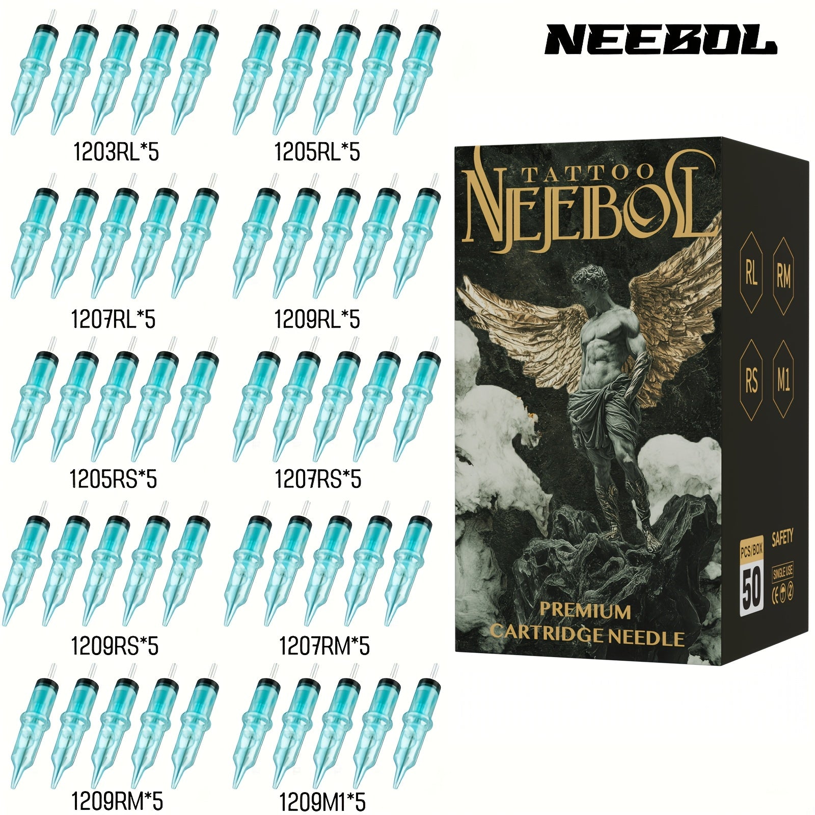 50pcs Neebol Tattoo Cartridge Needles Mixed Size Assorted Round Liner Shader Magnum Curved/Round Mag #12 Tattoo Needles With Membrane 3RL 5RL 7RL 9RL 5RS 7RS 9RM 15RM 7M1 15M1 For Tattoo Machine Kit Tattoo Supplies, Body Art Makeup Easter Gifts