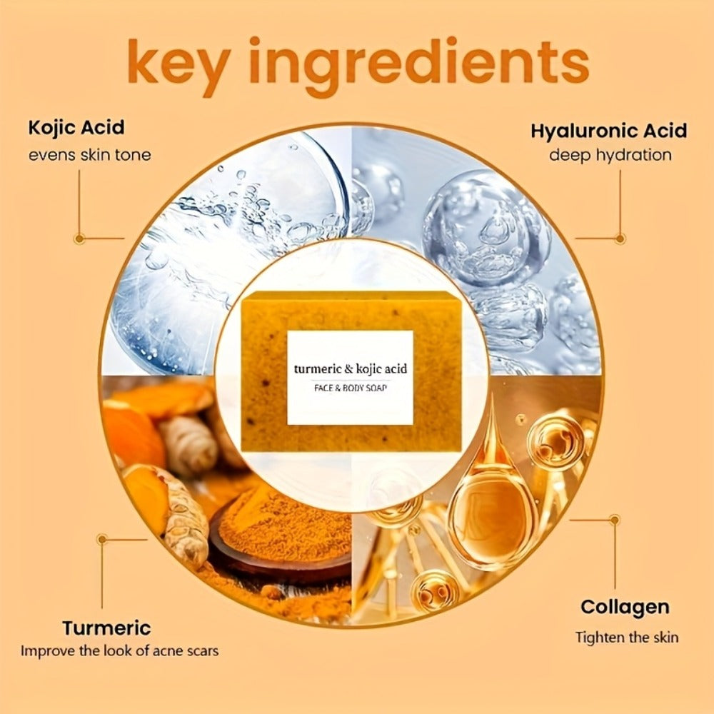 Turmeric Soap Bar Kojic Acid Lemon Honey Natural Handmade 100g - 12 Bars with Bubble Net Brightening Facial Body Soap for Dark Spots Glowing Skin All Skin Types