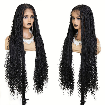 Box Braids Wig for Women Full Lace — 48 Inch Bohemian Braided Wig with Boho Curls, Black Lace Front Braid Wig for Halloween Cosplay Festival Party Protective Style