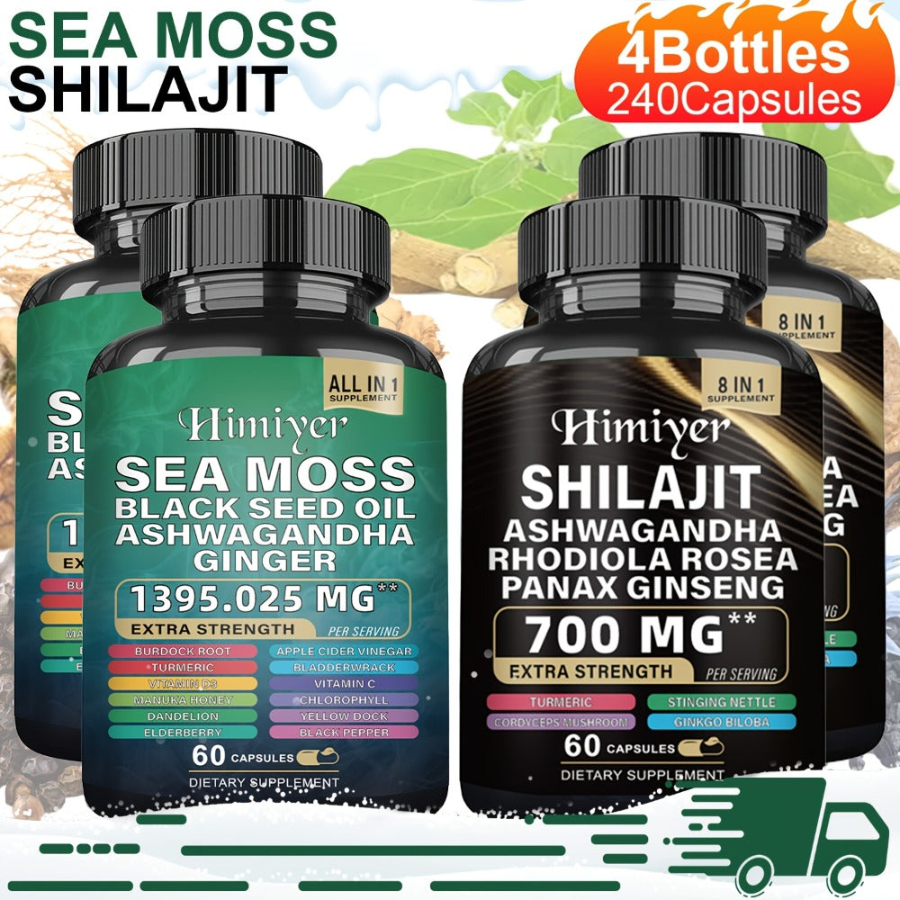 Sports Health Pack, Shilajit And Seamoss Ginger South African Drunken Eggplant Capsule, Sea Moss 350 Mg, Black Seed Oil 200 Mg, Ashwagandha 200 Mg, Ginger And Shilajit 300 Mg, Rhodiola Rosea 100 Mg, 1395mg+700mg Complete Supplement