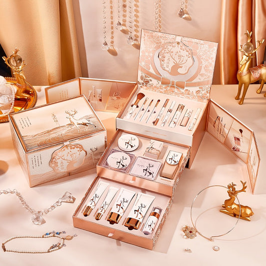 [Luxurious Gift Set] Luxurious All-in-One Makeup & Skincare Gift Set | Elegant Rose Golden Box with Deer Motif, Complete Cosmetic Kit for Beginners | Ideal Christmas or Valentine's Day Present for Women and Moms, Makeup Accessories