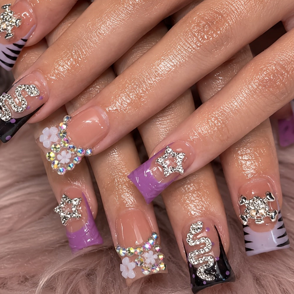 10pcs, Spring And Winter Nails Colors 2026, Handmade Short Duckbill Acrylic Nails With Black Leopard Print, Zebra Print, Bowknot, Snake, Skull And Rhinestone, Suitable For Women And, Party/daily Wear, Including Tools