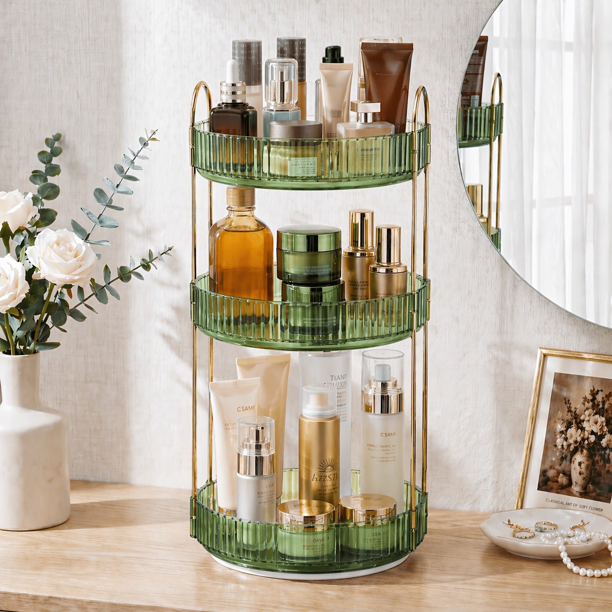 Dresser 360 Swivel Makeup Organizer, 3 Tier Bathroom Countertop Organizer Swivel Perfume Organizer, Large Capacity Cosmetic And Skincare Dresser Makeup Racks