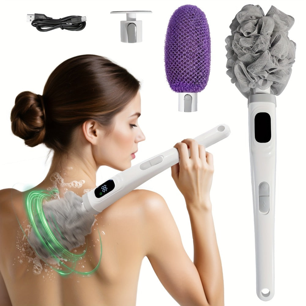 Electric Body Scrubber Brush with 3 Replaceable Heads - Dual Speed Shower Back Cleaner African Bath Sponge for Skin Exfoliation Cleansing & Massage