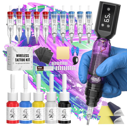 Wireless Tattoo Pen Kit 1200mAh Battery LED Display — 4.0mm Stroke Anti-Slip Grip Rotary Tattoo Machine for Beginners & Artists, Cosmic Violet & Aurora Green