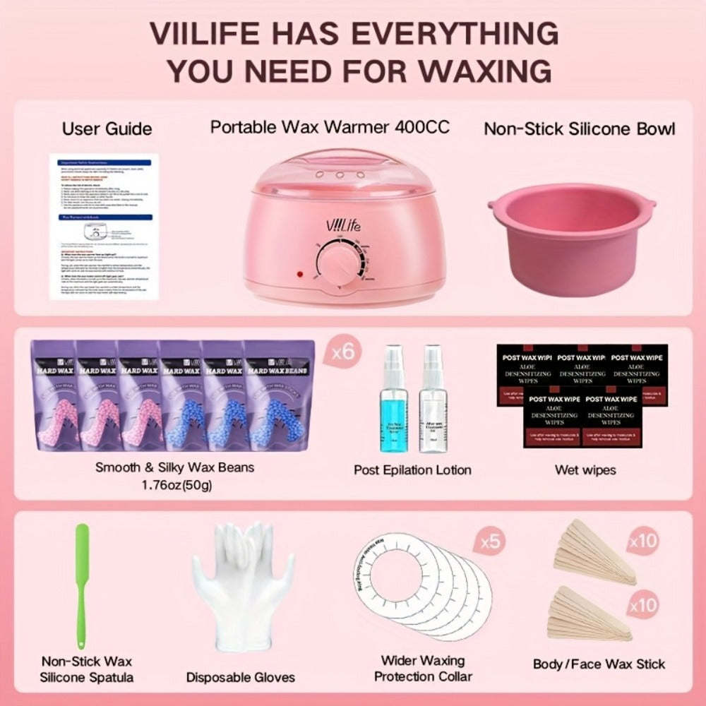 Wax Warmer Kit with 43 Accessories — Pink Wax Beads Hair Removal Set for Women & Men, Wax Pot for Face, Eyebrow, Body, Brazilian & Bikini | Home Salon Waxing Machine