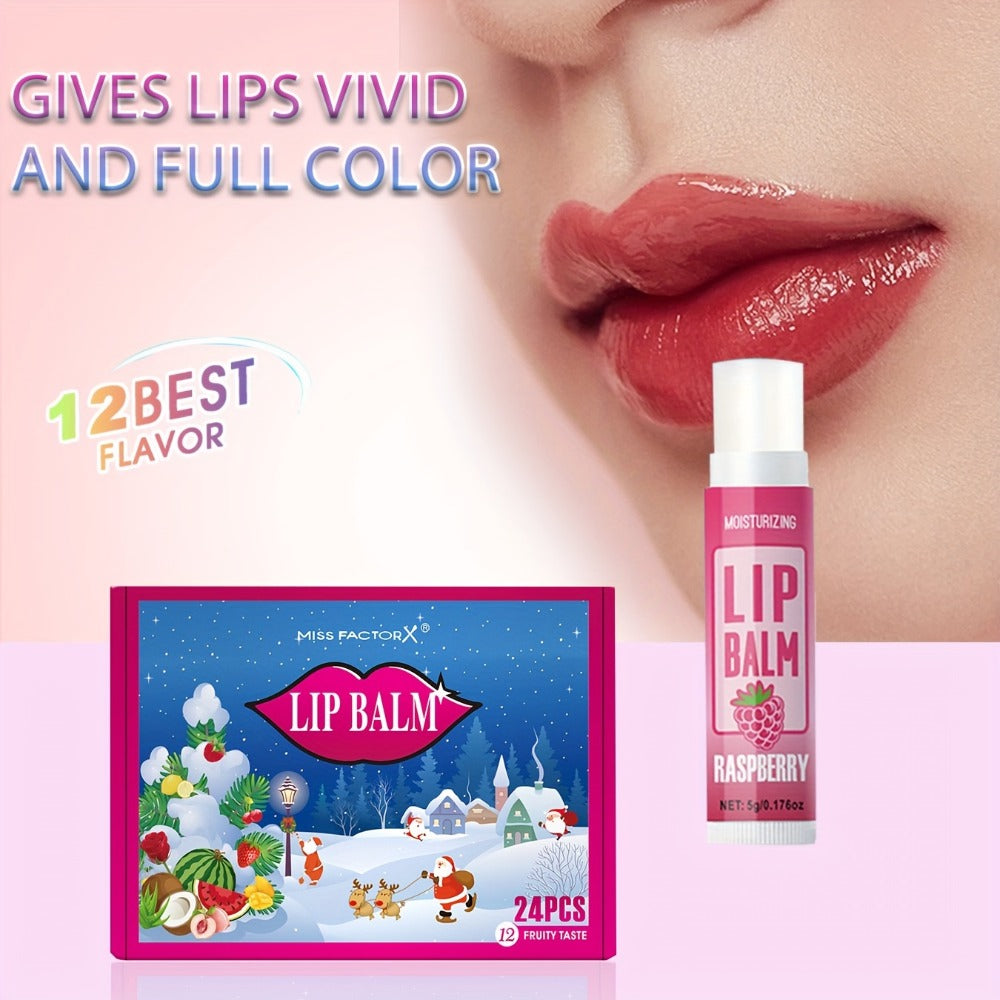 [Christmas Lip Balm Set] 24pcs/Box Christmas Theme Gift Lip Balm Set | Plant Fragrance, Long-lasting Moisturizing, Brightening Lip Color, Suitable for Men and Women, New Year Party Gift for Women