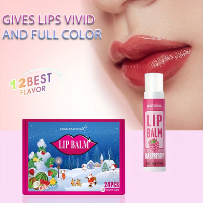 Lip Balm Set 24 Pcs — Christmas Theme Gift Box with Plant Fragrance, Long-Lasting Moisturizing & Brightening Lip Color, Suitable for Men & Women, Holiday & New Year Party Gift