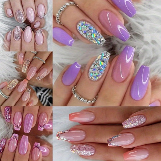 5pcs 120pcs Sparkling Glitter Coffin Nails - Medium Length with Sequins Designs Durable Glossy Pinkish Purple Acrylic - Full Cover False Nails for Women-Easy Press-On, Secure Glue-On,  Nail Art, Press On Manicure, Beauty Lovers