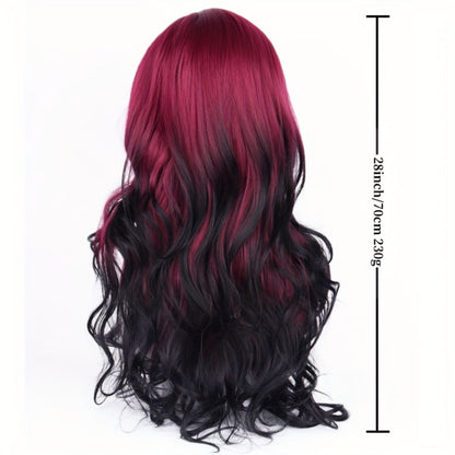 Long Curly Wavy Wig 28 Inch Synthetic Black Red Highlights for Women Rose Net Cap Cosplay Party Daily Wear Glamorous Voluminous Hair