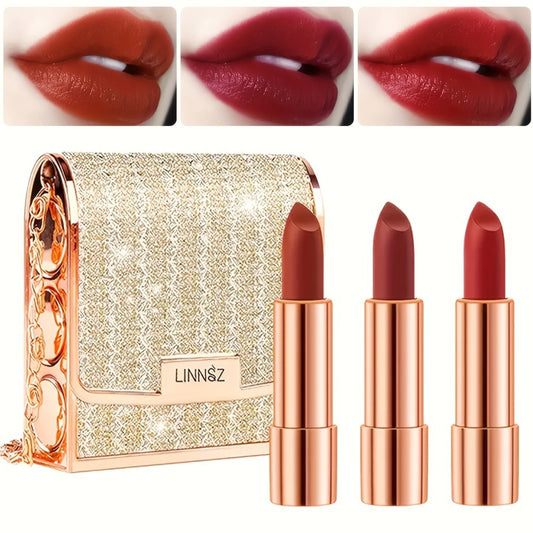 3pcs Matte Lipstick Set, with Silvery Chain Bag Packaging, Velvet Lipstick Gift Box Set, Waterproof And Long-lasting, Stretchable, Red Lipstick Set 3.5g X3pcs, Suitable for Mother's Day, Valentine's Day And Other Festival Gifts
