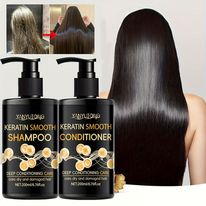 Keratin Shampoo & Conditioner Hair Care Set Moisturizes Scalp Repairs Breakage Splits for Color-Treated Heat Damaged Hair All Hair Types 200ml Each